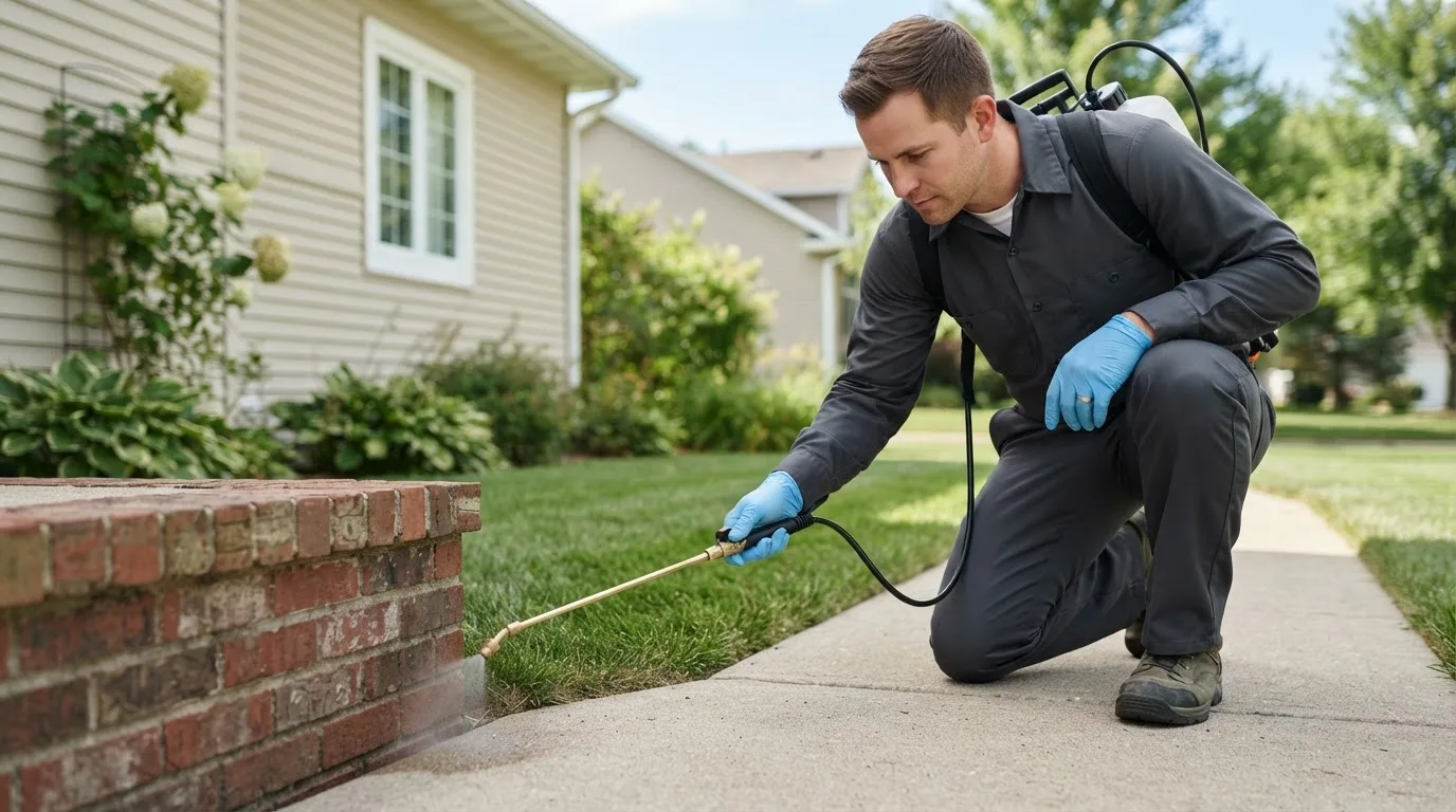 Pest control technician treating a home near Westport, CT